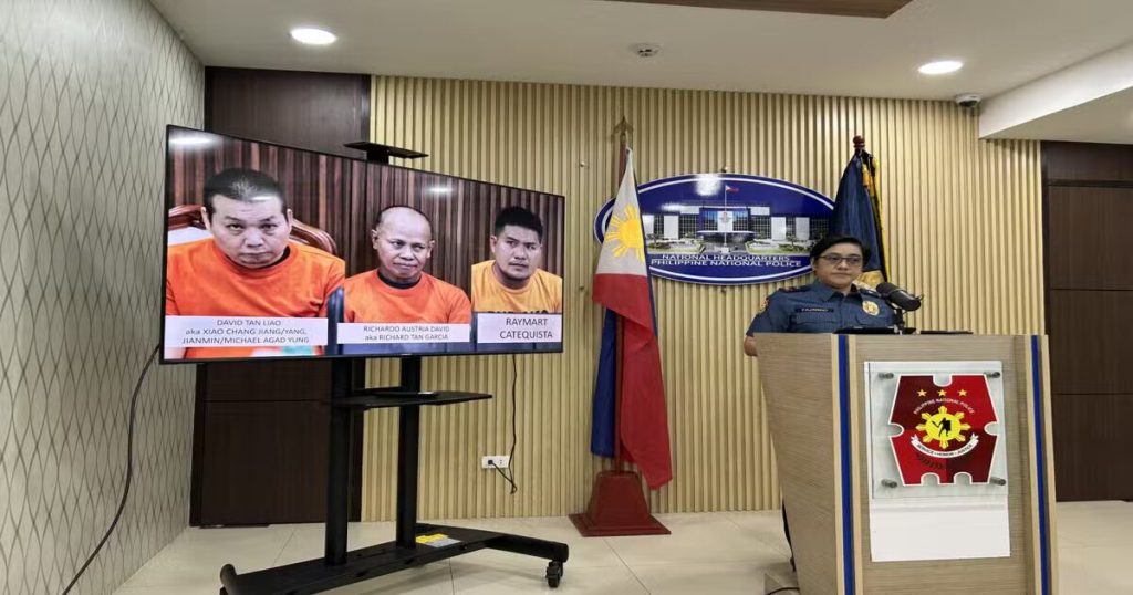 PNP spokesperson Brigadier General Jean Fajardo, presents the suspects of the Anson Que kidnap-slay during the press conference at Camp Crame on Saturday, April 19, 2025