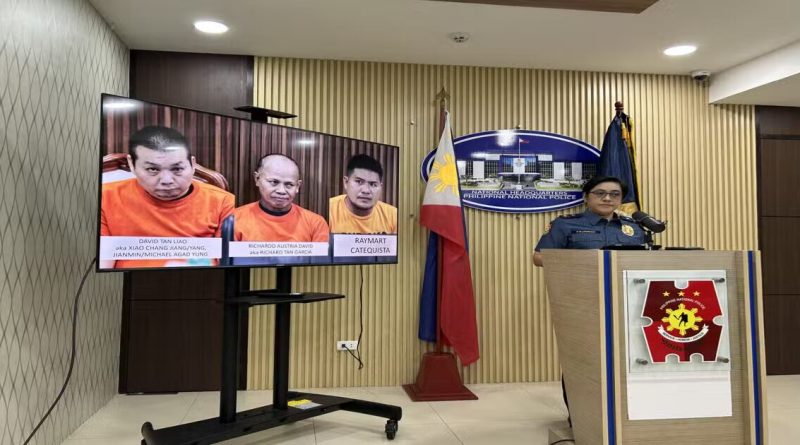 Philippine National Police (PNP) Spokesperson Brig. Gen. Jean Fajardo presents the three suspects now in the custody for the abduction and killing of Filipino-Chinese businessman Anson Que and driver Armanie Pabillo in a press conference on Saturday, April 19, 2025