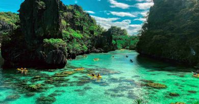 Tourists kayaking on crystal clear lagoon in El Nido, Palawan