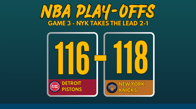 NBA Playoffs 2025 Game 3 score graphic: New York Knicks defeat Detroit Pistons 116-118 with team logos and bold scoreboard layout