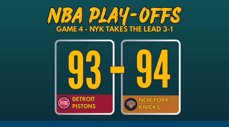 NBA Playoffs 2025 Game 4 score graphic: New York Knicks defeat Detroit Pistons 93-94 with team logos and bold scoreboard layout