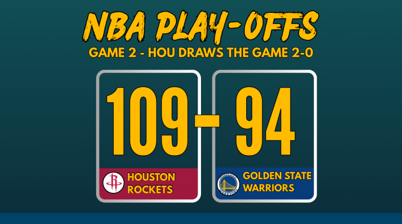 NBA Playoffs 2025 Game 2 score graphic: Houston Rockets defeat Golden State Warriors 109-94 with team logos and bold scoreboard layout