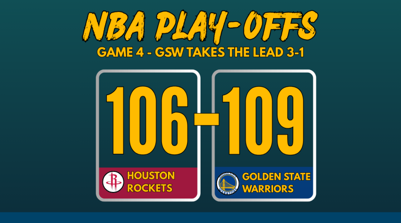 NBA Playoffs 2025 Game 4 score graphic: Golden State Warriors defeat Houston Rockets 106-109 with team logos and bold scoreboard layout