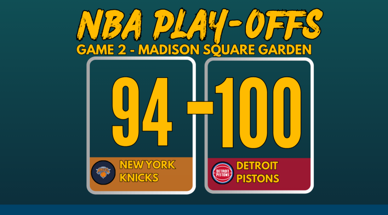 NBA Playoffs 2025 Game 2 score graphic: Detroit Pistons defeat New York Knicks 131-80 with team logos and bold scoreboard layout