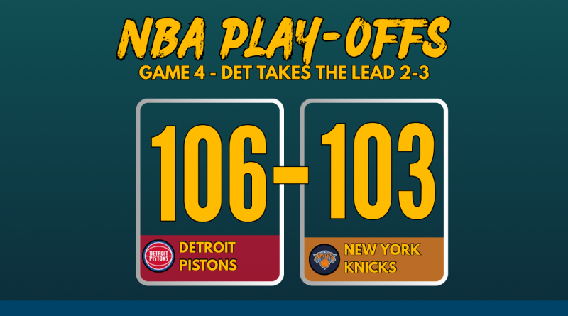 NBA Playoffs 2025 Game 5 score graphic: Detroit Pistons defeat New York Knicks 106-103 with team logos and bold scoreboard layout
