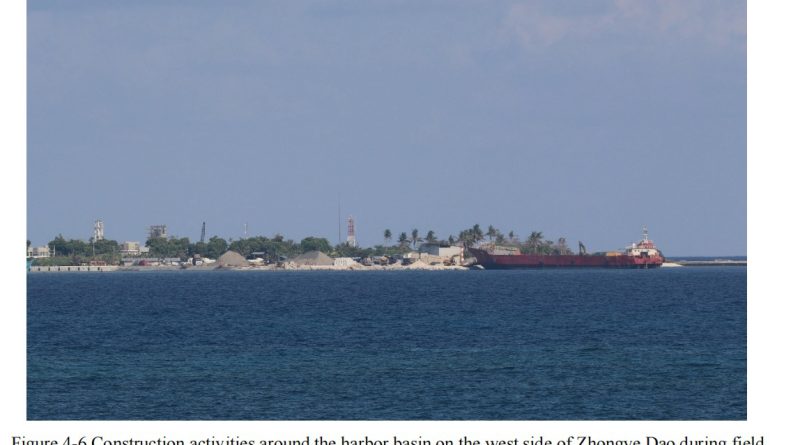 construction activities around harbor basin on the west side of Thitu Island (Pag-asa Island) on the South China Sea